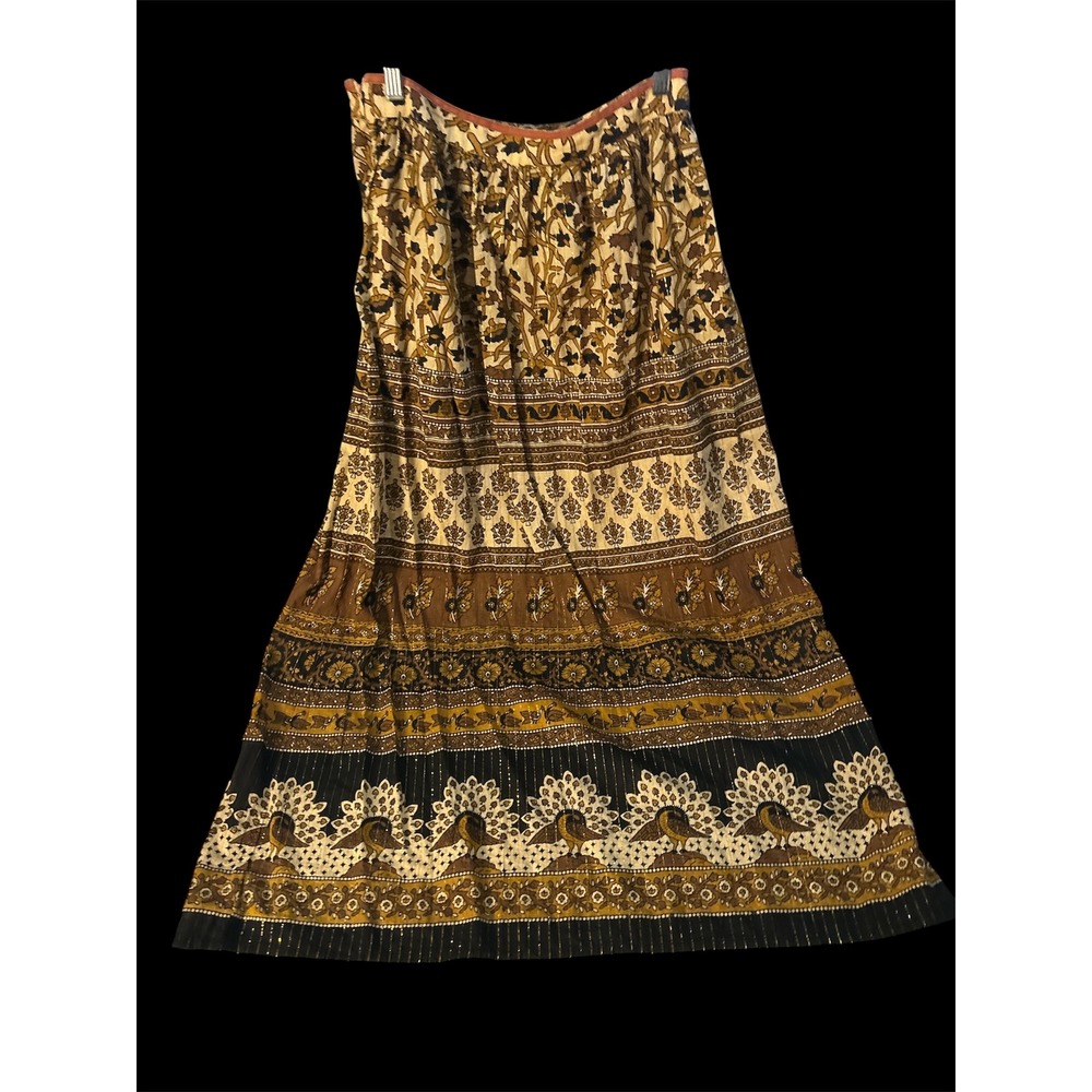 Forever 21 Boho Vintage Indian Block Print Maxi Skirt, Peacock Floral Metallic M